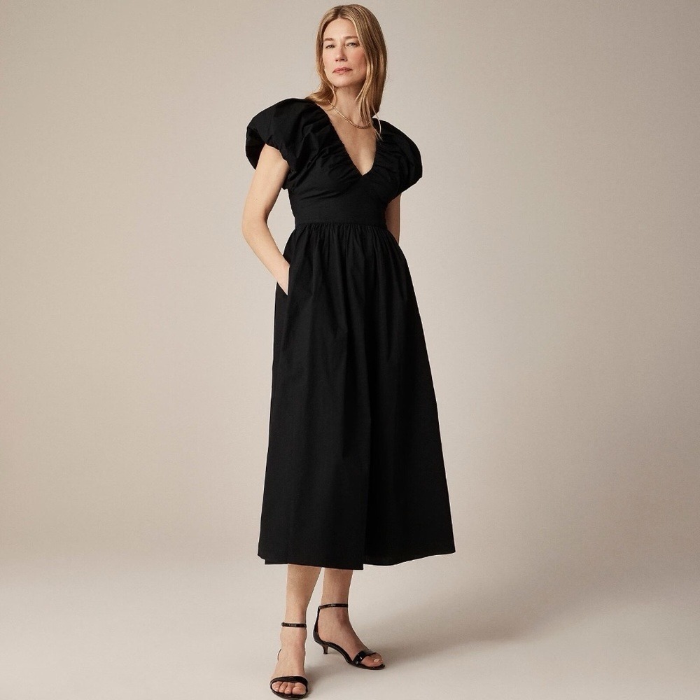 NWT!! J. CREW Collection Cecily Dress Cotton Poplin Black Midi Puffed Sleeves 10
